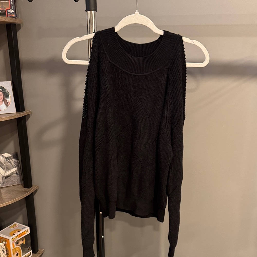 Women's Black Cold Shoulder Beaded Sweater